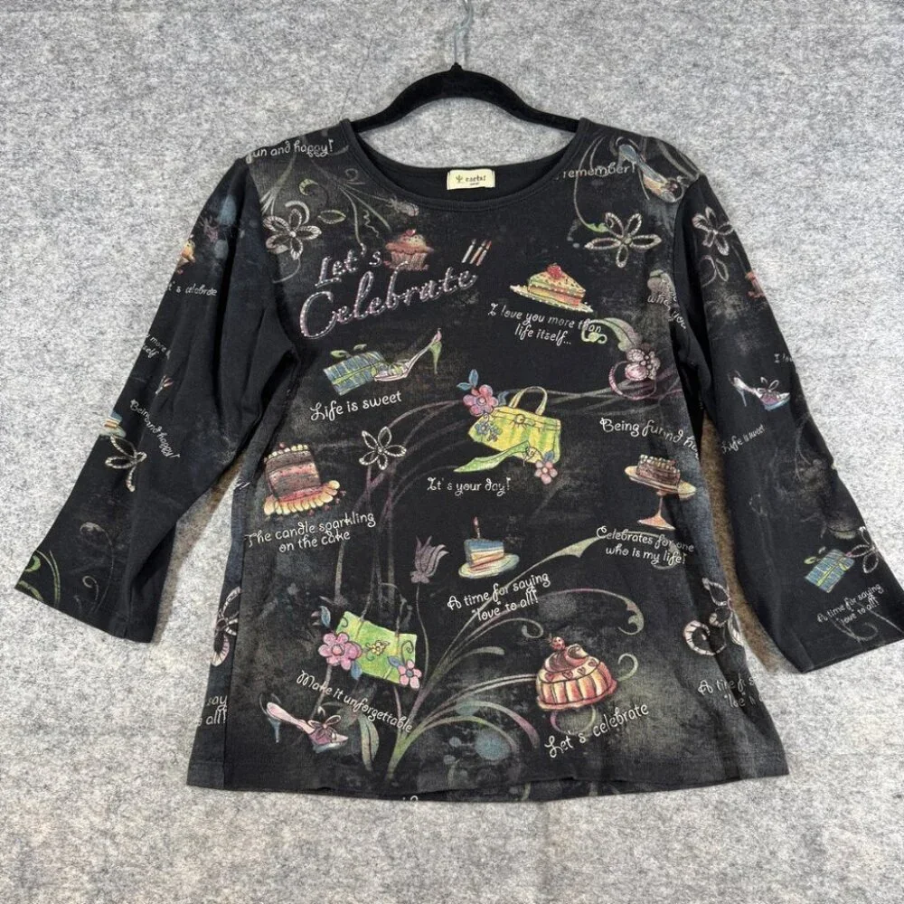 Cactus Y2K Small Celebrate Graphic Tee Black Art Print Long Sleeve Top Festival - Picture 2 of 13